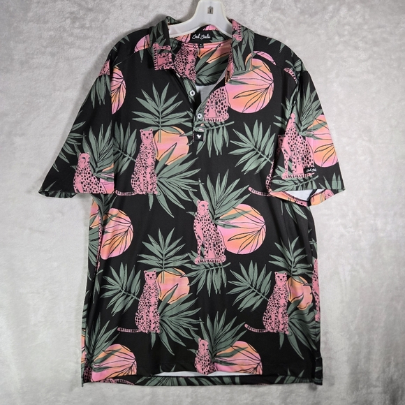Bad Birdie Golf Polo Size XL Shirt Dayglow Short Sleeve Cheetah Palm Trees Loud - Picture 1 of 9